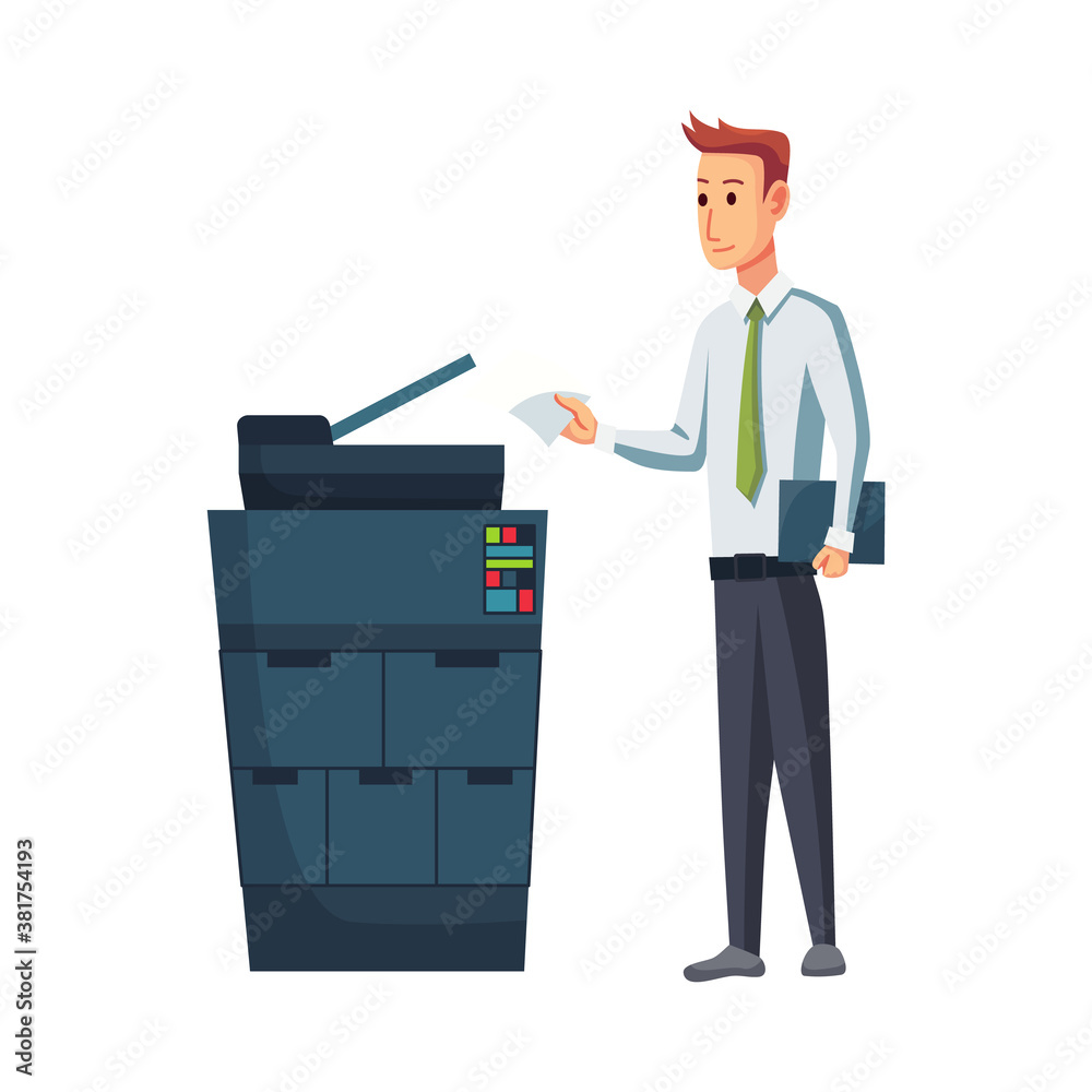 Office documents copier. Office worker prints documents on the copier. Man works on a photocopier. Concept of office work Office documents copier. Office worker prints documents on the copier. Man works on a photocopier. Concept of office work