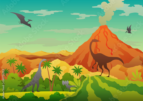 Prehistoric landscape - volcano with smoke, mountains, dinosaurs and green vegetation. Vector illustration of beautiful prehistoric landscape and dinosaurs
