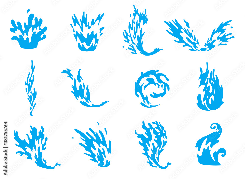 Fototapeta premium Water splash. Blue water waves set, wavy liquid symbols of nature in motion. Isolated vector design elements