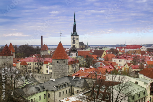 Landscape beauty of Tallinn old town preserved medieval city in Northern Europe boasting Gothic spires, winding cobblestone streets and enchanting architecture. Early spring shot UNESCO World Heritage