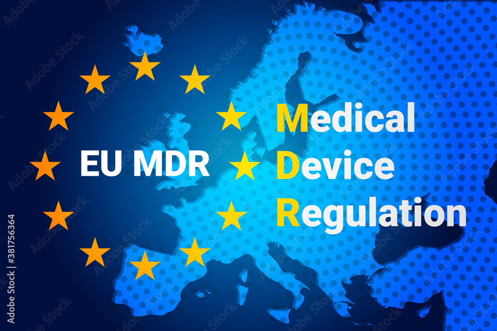 MDR - Medical Device Regulation. Regulation of the EU- European Union on the clinical investigation and sale of medical devices for human use. Vector illustration on blue background