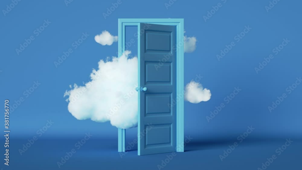 3d animation of white clouds floating through the opening door inside the empty blue room, surreal dream concept