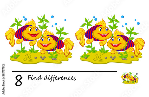 Find 8 differences. Logic puzzle game for children and adults. Brain teaser book for kids. Illustration of underwater life and two cute fishes. Play online. Developing counting skills.