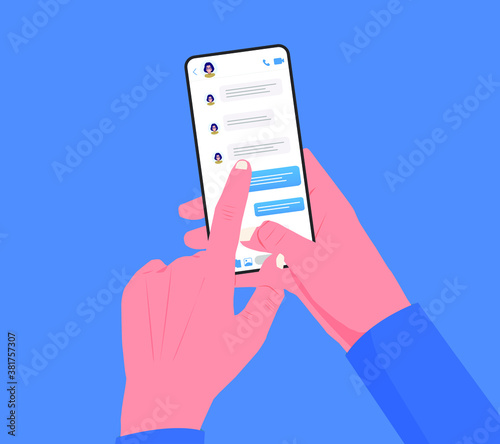 Concept of online conversation. A hand holds a phone with an open chat. Communication, talking on the phone, conference. Icons for messages, notifications. Vector editable graphics. Screenshot. 