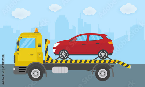 Tow truck. City road assistance service evacuator. Vector illustration in flat design. 
