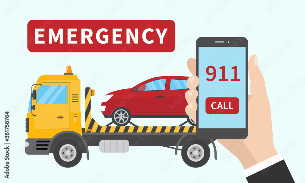 Tow truck. Online service for evacuate of faulty vehicles. Vector illustration in flat design Tow truck. Online service for evacuate of faulty vehicles. Vector illustration in flat design