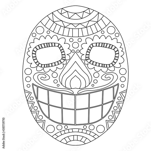Day of the dead skull vector coloring page for kids and adults. Traditional dia de muertos calavera skull black outline isolated on white. Ornamental holiday mexican festival symbol sugar skull.