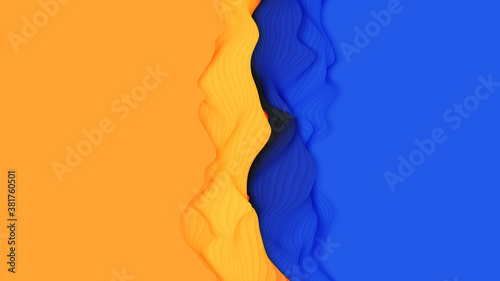 Paper cut abstract background. Vector 3D yellow and blue carving art. Paper craft landscape with gradient fade colors. Minimalistic design for business presentations, flyers, posters.