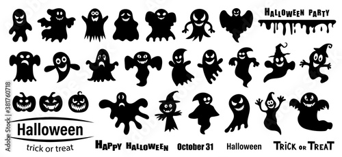 Halloween ghost silhouette set vector illustration.