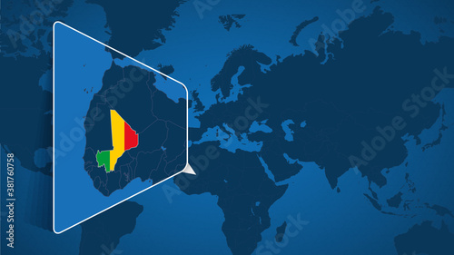 Location of Mali on the World Map with Enlarged Map of Mali with Flag.