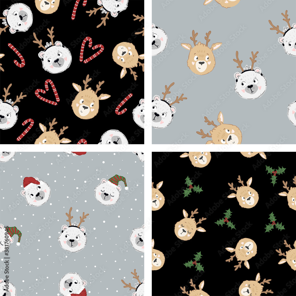 Fototapeta premium Collection of 4 seamless christmas patterns in doodle childish style. Vector cute winter textures with deer and bear