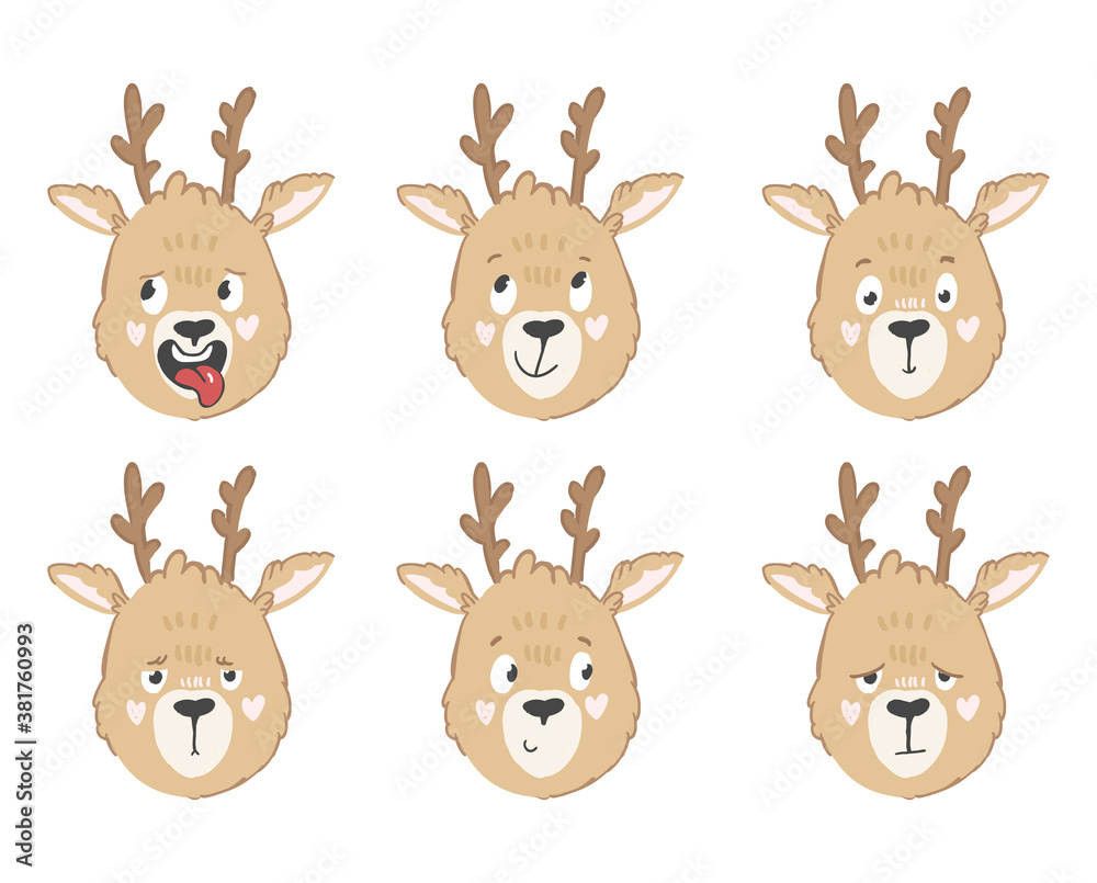 Obraz Big set of funny reindeer in cartoon style in different emotions isolated on white background