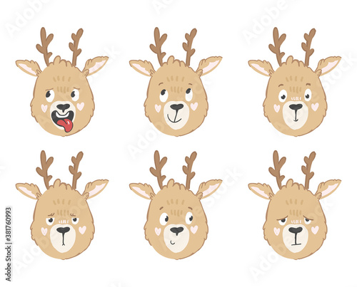 Big set of funny reindeer in cartoon style in different emotions isolated on white background