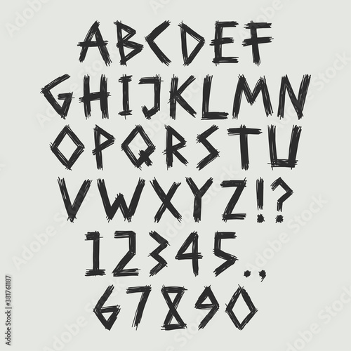 Hand drawn font, brush stroke alphabet, grunge halloween style