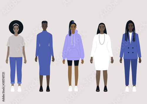 A set of five black female characters wearing different fashion outfits: casual, sport, business costume and evening dress
