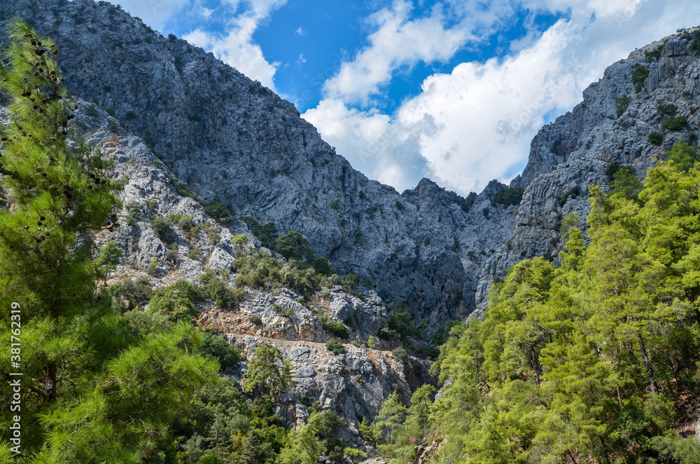 Scene with mountain rocks in Goynuk Canyon in Turkey. Famous Lycian way Trekking