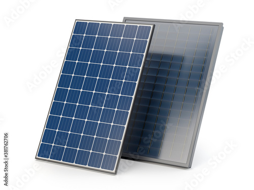 Isolated solar panel and solar collector, 3D illustration photo