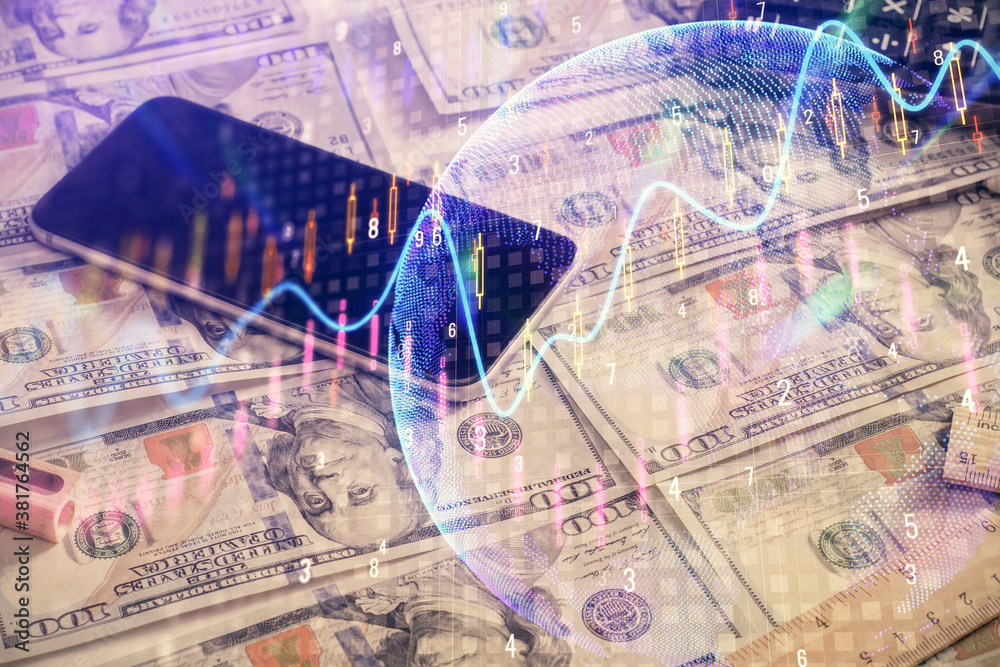 Double exposure of forex graph drawing over us dollars bill background. Concept of financial markets. Double exposure of forex graph drawing over us dollars bill background. Concept of financial markets.