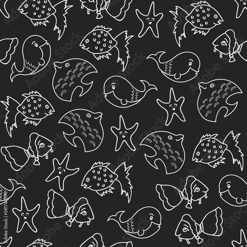 Vector aqua black annd white fish seamless pattern background