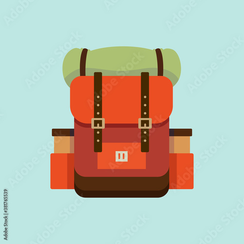 Vector flat modern hiking backpacks.Three retro looking stylish camping and mountain exploring backpacks