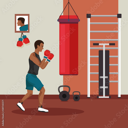boxers practicing boxing exercises fighters in gloves exercising on ring arena fight club with punching bags modern gym interior healthy lifestyle concept horizontal