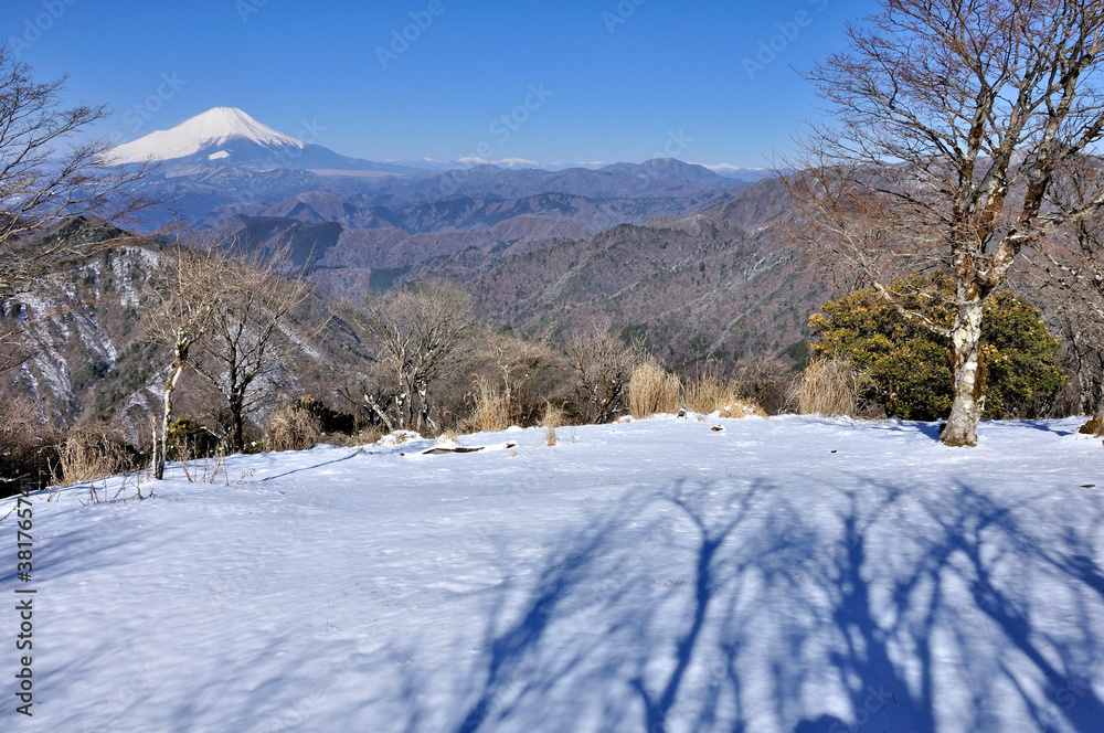 雪景色の丹沢より望む富士山