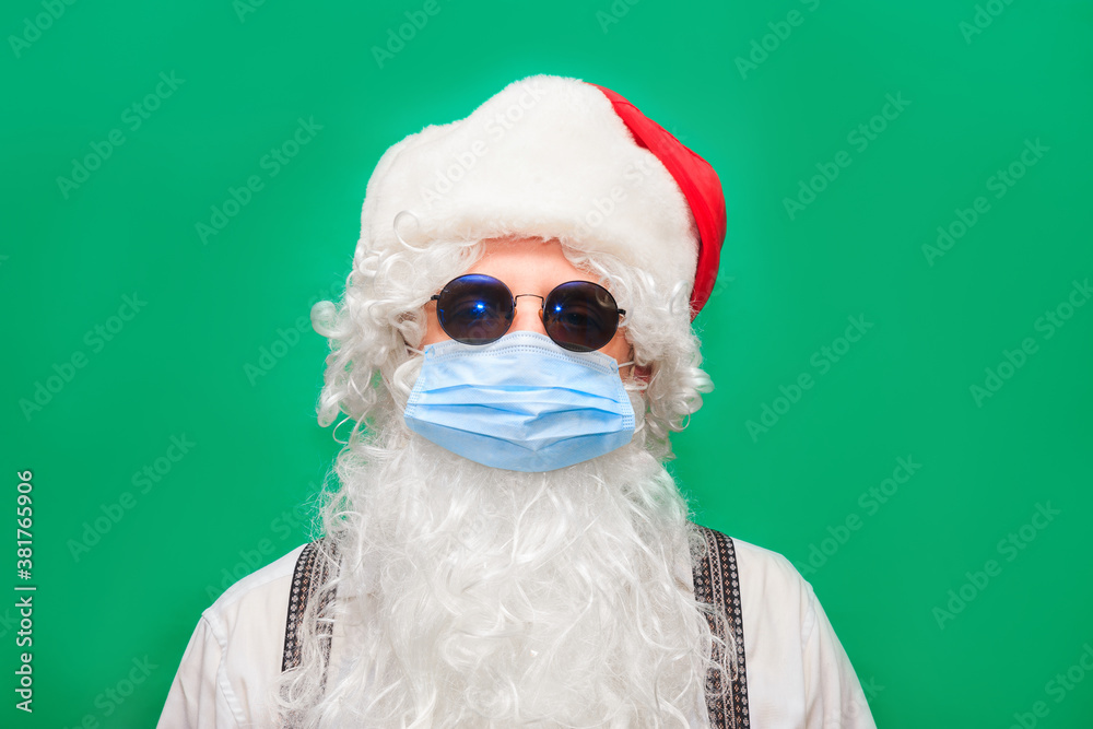 2021 celebration Funny funky santa hipster red hat fold arms festive noel party wearing gauze mask infection prevention 2021 celebration Funny funky santa hipster red hat fold arms festive noel party wearing gauze mask infection prevention