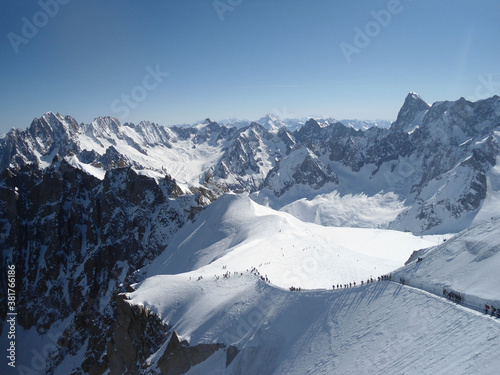 People in the Valle Blanche, Chamonix, France, Full of skiers in the valley, touristic place
