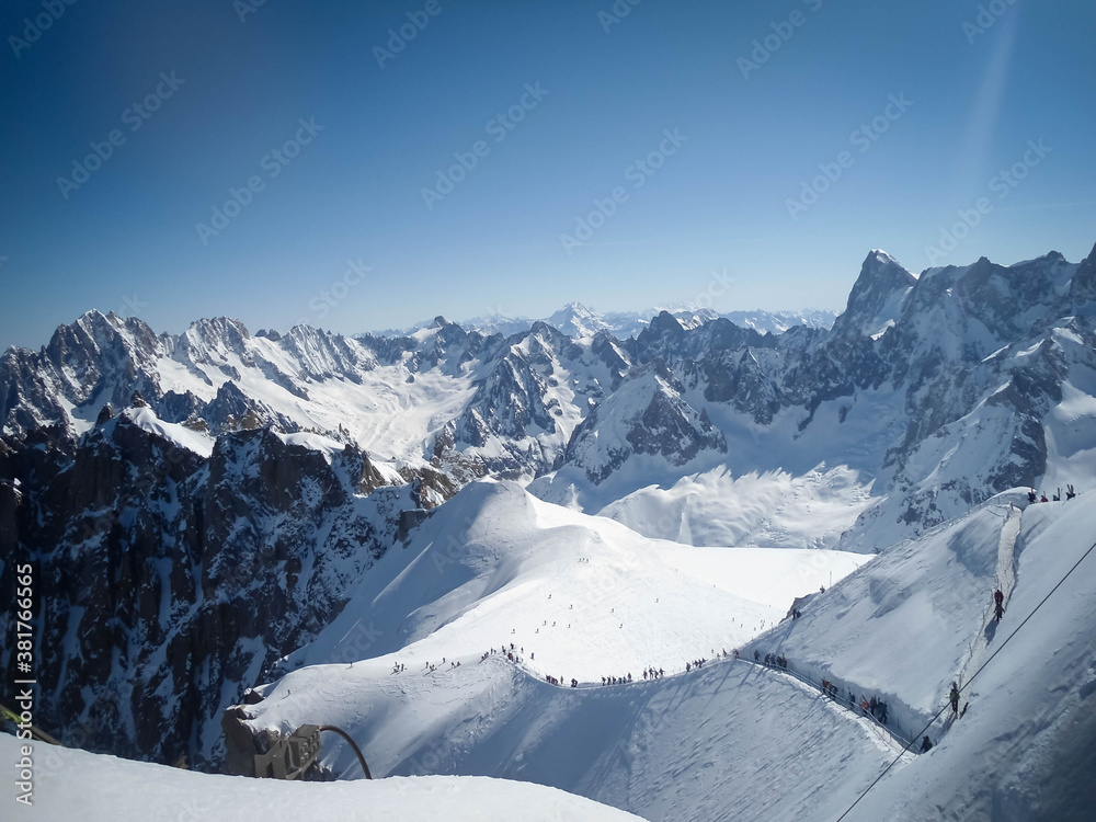 People in the Vallee Blanche, Chamonix, France, Full of skiers in the valley, touristic place