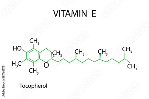 Molecule tocopherol. Vitamin E. Chemical formula in the form of a skeleton. Structure of tocotrienol. Vector illustration. Vector illustration. Stock image.