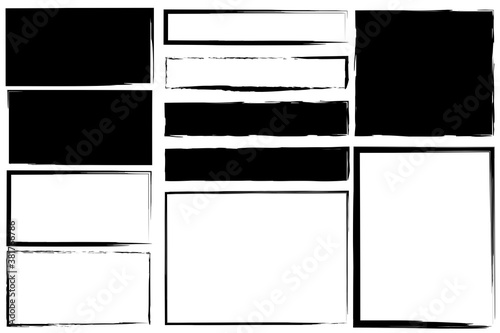 Brush frames. Hand drawn borders. Grunge rectangles. Black rough textures. Vector illustration. Stock photo.