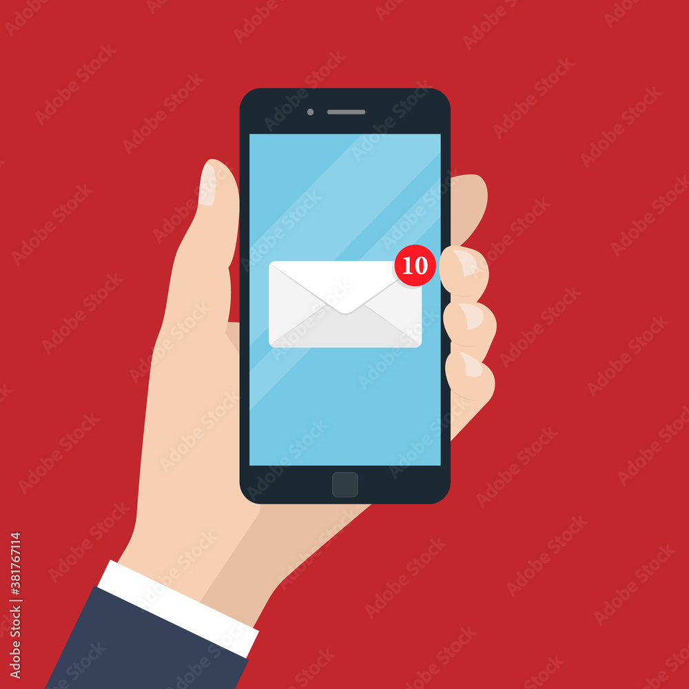 The hand that holds the phone. Modern flat icon design isolated on red background. The hand that holds the phone. Modern flat icon design isolated on red background.