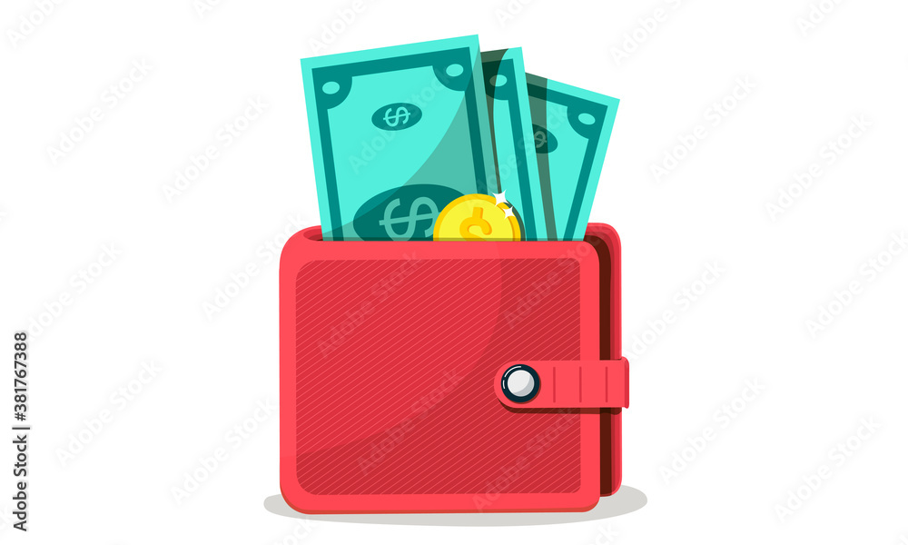 Concepts of finance. Wallet with money, dollars and coins, cash, curren. Wealth concept. Vector illustration Concepts of finance. Wallet with money, dollars and coins, cash, curren. Wealth concept. Vector illustration