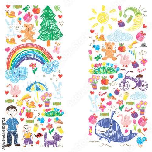 Kindergarten. Kids drawing style. Family. Mother, father, sister, brother. Boys and girls. Vector pattern.