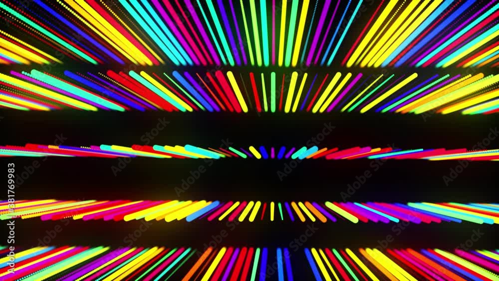 Festive vj loop with multicolored particles and smooth animated camera. Abstract 3d loop background with glow particles lined up in a row along lines in 3d space. Motion design background. Festive vj loop with multicolored particles and smooth animated camera. Abstract 3d loop background with glow particles lined up in a row along lines in 3d space. Motion design background.
