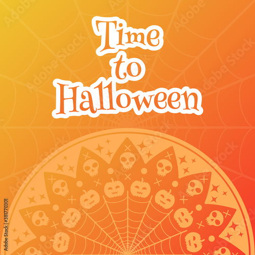 Halloween round card with skulls and pumpkins. Holiday sticker