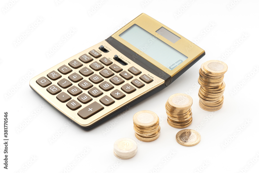 Gold Calculator ant Turkish Lira coins on the white background. Gold Calculator ant Turkish Lira coins on the white background.