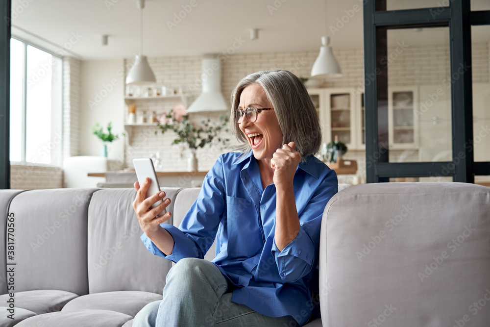 Excited happy mature old 60s woman customer winner holding smartphone using mobile app winning online lottery bid, celebrating success, receiving gift voucher on cell phone sitting on couch at home. - obrazy, fototapety, plakaty 