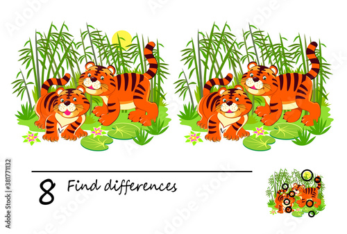 Find 8 differences. Logic puzzle game for children and adults. Brain teaser book for kids. Illustration of two cute little tigers in the jungle. Play online. Developing counting skills.