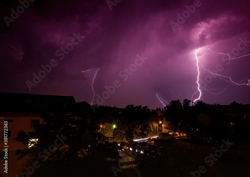 Thunderstorm at evening above the city of Erlangen, Bavaria, Germany