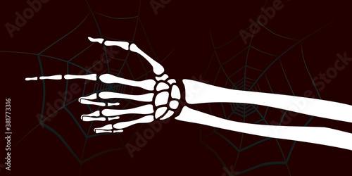 Dead Man Skeleton Hand Pointer Showing Direction Halloween Holidays Decoration Comic Template - White on Spider Web Background - Mixed Graphic Design