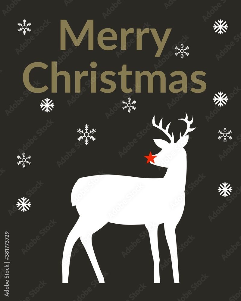 Merry Christmas Greeting with white deer and snowflakes on a black background Merry Christmas Greeting with white deer and snowflakes on a black background
