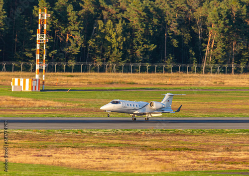A business jet lands at Nuremberg Airport in Southern Germany
