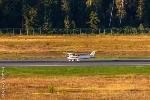 A propeller sports plane on approach to Nuremberg Airport in southern Germany