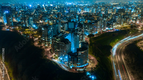 Panoramic Aerial view of Armendariz downhill, Miraflores town and the Costa Verde reef in Lima, Peru.
 photo