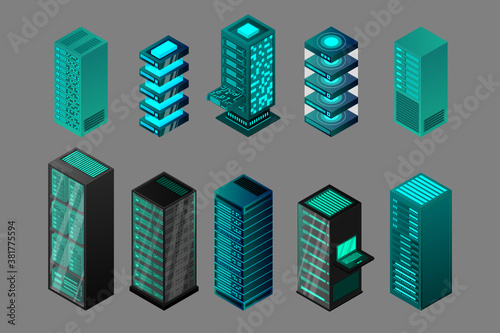 isometric set server equipment isolated background