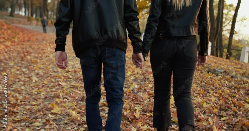 Rear view of lovely couple walking in autumn park, holding hands Rear view of lovely couple walking in autumn park, holding hands