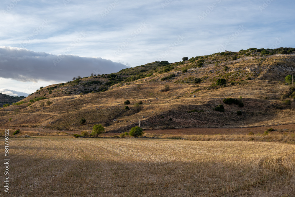 Nice farming landscape with the harvested cereal. Landscape in Guadalajara, Castilla la Mancha, Spain.