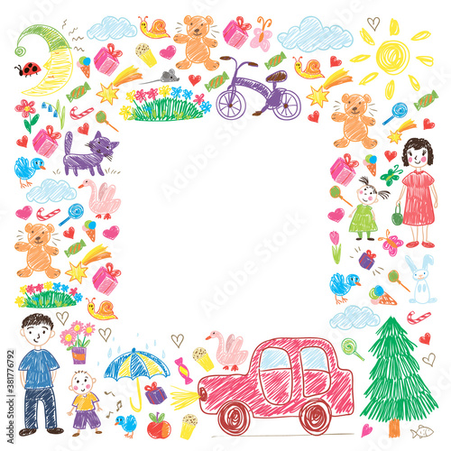Kindergarten. Kids drawing style. Family. Mother, father, sister, brother. Boys and girls. Vector pattern.