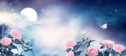 Fantasy fairytale photo background of beautiful fairy rose flower garden and butterflies, magical deep blue dark night sky, shining stars and glowing moon. Idyllic tranquil fabulous panoramic scene.